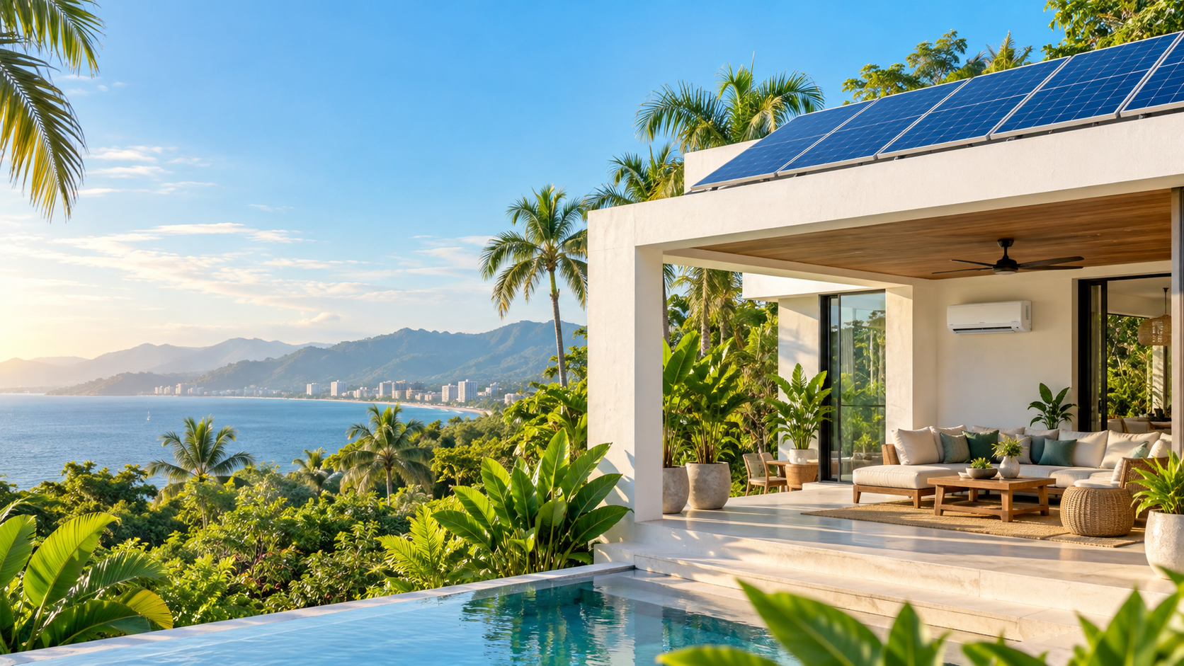 Casa moderna en la costa con paneles solares y aire acondicionado